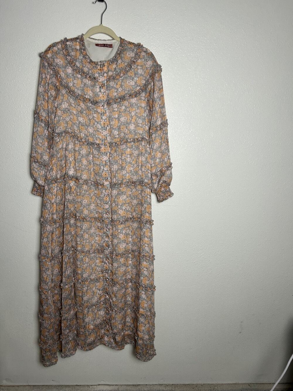 Gemma Albright Floral Maxi Long Sleeve Ruffle Lined Tiered Dress Sz Small